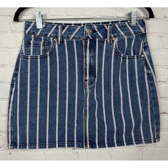 PacSun Red White Blue Striped Cotton Denim Mini Skirt Sz‎ 26 GUC - Picture 1 of 6